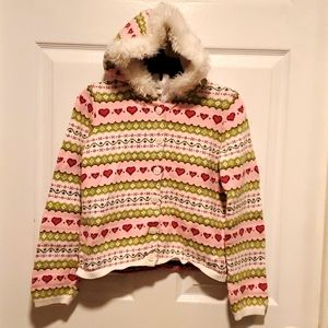 Gymboree Hooded Hearts Girls Pink/White/Green Button-Down Sweater - L (10/12)